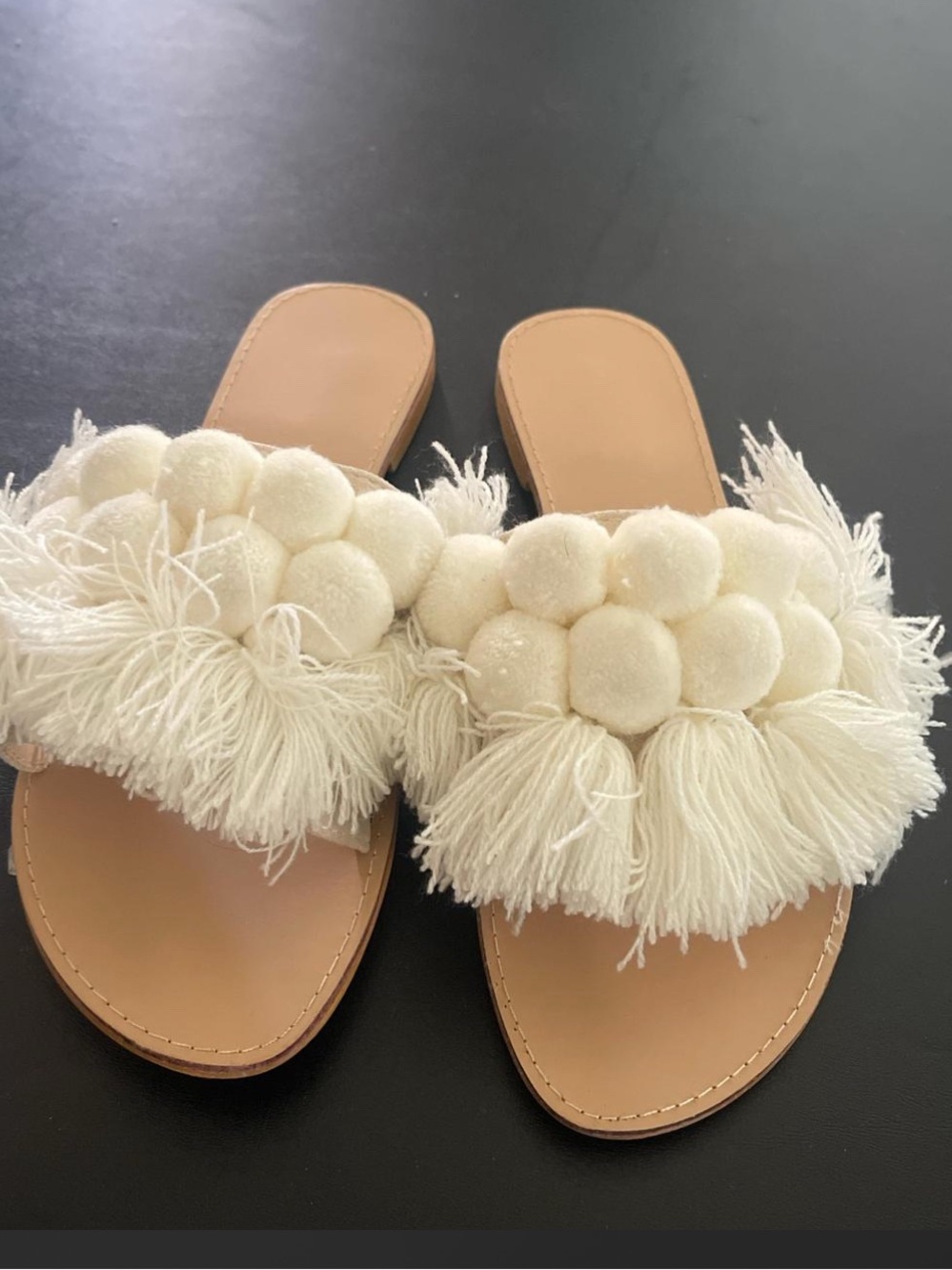 Women's Cream Fringe Pom-Pom Slide Sandals